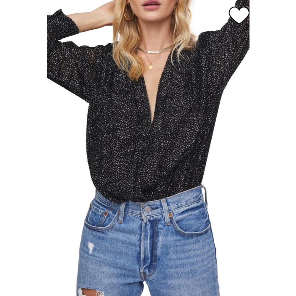 Astr The Label Black Zena Plunge V Neck Velvet Dot Long Sleeve Bodysuit M - Picture 2 of 9